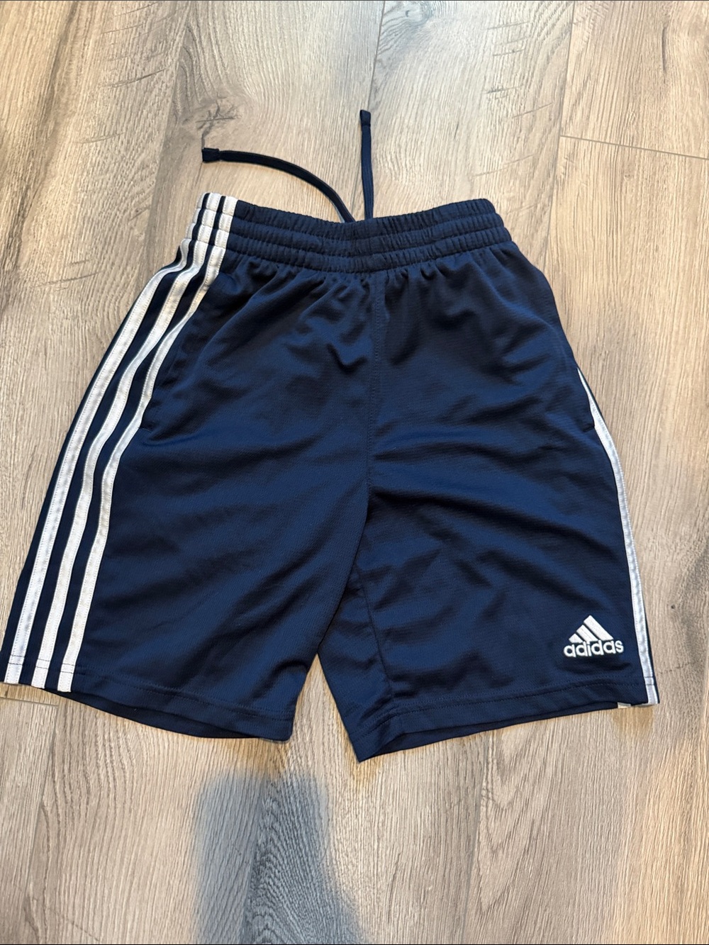 adidas Navy Blue Kids Athletic Shorts with White Stripes